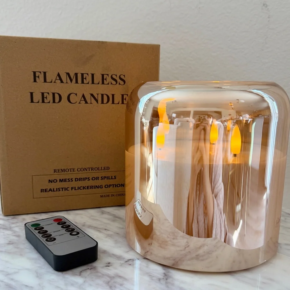 🕯️ Mirrored Amber 3-Wick Flameless Wax Candle in Glass Jar w/ Remote & Timer
